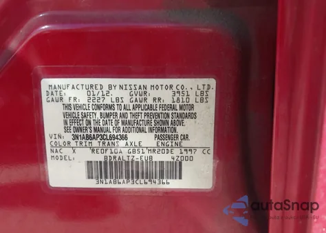 2012 Nissan Sentra 2.0 S from USA, damaged, VIN 3N1AB6AP3CL694366